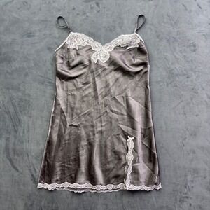 Victorias Secret Satin Lace Trim Slip Dress Grey Pink Chemise Medium Vintage